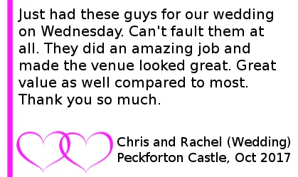 Wedding DJ Review Peckforton Castle - Just had these guys for our wedding on Wednesday. Can't fault them at all. They did an amazing job and made the venue looked great. Great value as well compared to most. Thank you so much. Peckforton Castle Weddiong DJ<